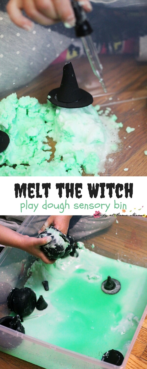 Melt the Witch Play Dough Sensory Bin - Wizard of Oz pretend play that takes 5 minutes to set up and the kids can play for over an hour! A fun twist on the traditional baking soda and vinegar experiment