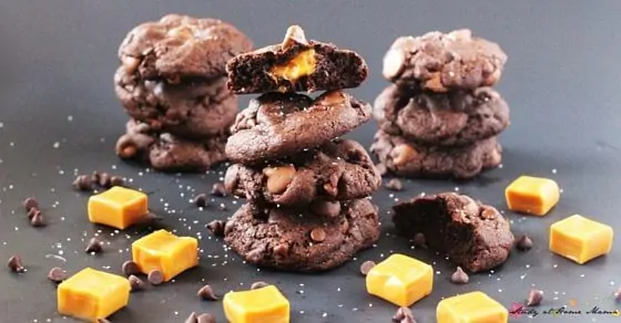 Moist, double chocolate cookies with an ooey gooey caramel center, these look amazing - yum!