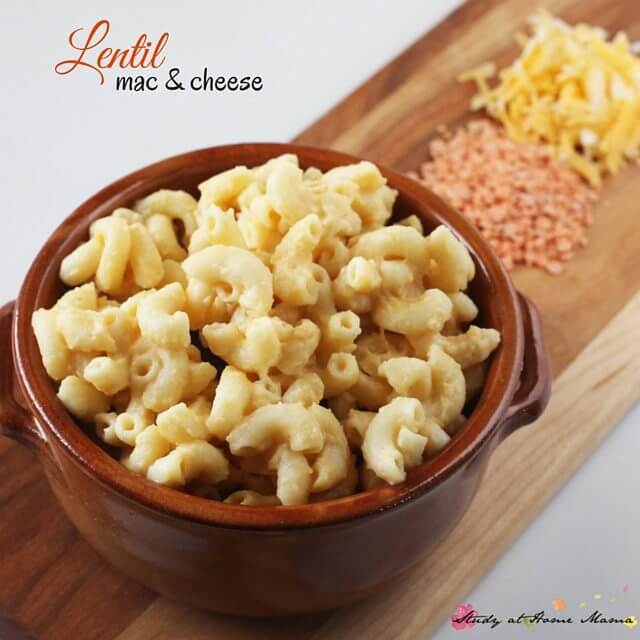 Lentil mac and cheese - an easy healthy comfort food, hiding a bunch of protein in that delicious, creamy cheese sauce. Tastes just like regular mac and cheese, so your kids won't know that what they're eating is healthy. An easy lentil recipe for the whole family