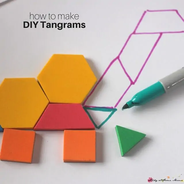 DIY Dinosaur Tangrams - a great math puzzle for kids that you can make yourself. This post has tips on making your own, and explains why tangrams are an important part of a complete math education. These dinosaur tangrams make a great busy bag, too!