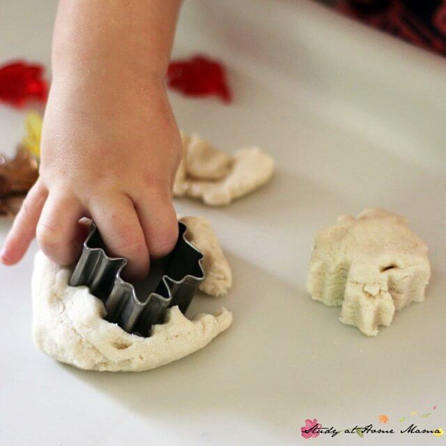 Fall leaves play dough invitation - the perfect homemade play dough for fall! Use real and fake leaves to explore the properties of leaves - their shapes, textures, colours, and more. Create patterns, practice counting, and develop finger strength for writing.