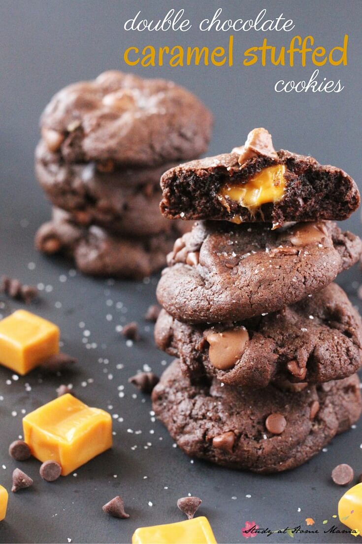 Double Chocolate Caramel-Stuffed Cookies sprinkled with sea salt, these are the ultimate in indulgent grown-up cookies. The perfect cookie for gifts or entertaining