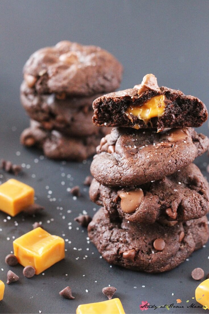 Moist, double chocolate cookies with an ooey gooey caramel center, these look amazing - yum!