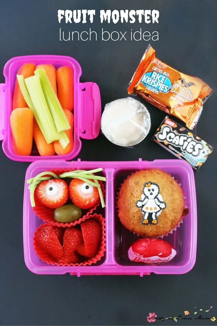 Fruit Monster Lunch Box Idea - a fun idea for Halloween or anytime. Fruit monsters are timeless! One of five healthy Halloween lunch box ideas