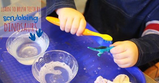 Dinosaur scrubbing - a great way to teach children how to brush their teeth while having fun. A great self-care activity that fits perfectly into a child's love of dinosaurs, or a dinosaur unit study