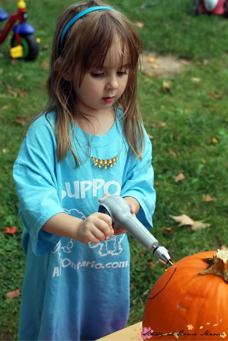 What an awesome fall activity for kids - pumpkin drilling! A creative twist on carving pumpkins, using a manual drill that's small and easy for their hands