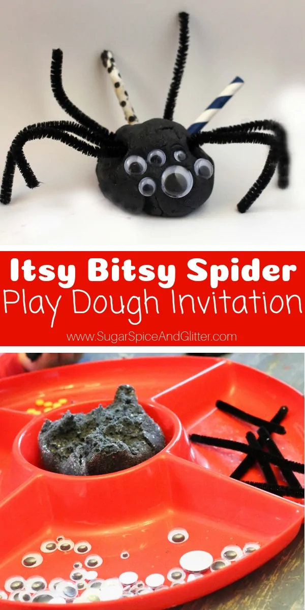 A super simple spider sensory play idea, this Spider Play Dough Invitation features homemade black play dough and is perfect for after reading one of your favorite spider books!