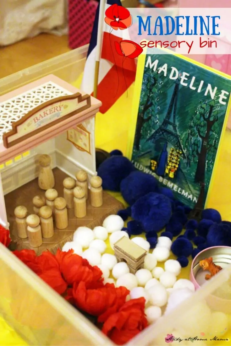 Madeline sensory bin and small world set-up. Read Madeline to your child as they engage in either of these fun sensory activities for kids, learning about French culture and incorporating a bit of math into the fun. Perfect for a Madeline Unit Study