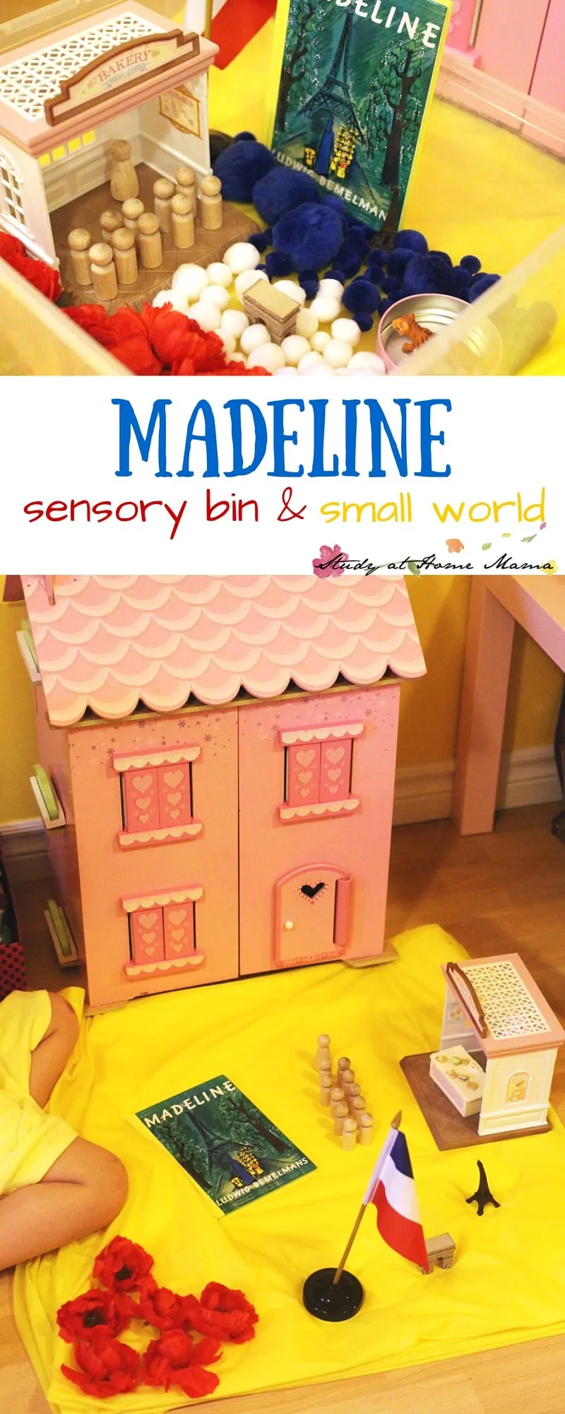 Madeline sensory bin and small world set-up. Read Madeline to your child as they engage in either of these fun sensory activities for kids, learning about French culture and incorporating a bit of math into the fun. Perfect for a Madeline unit study