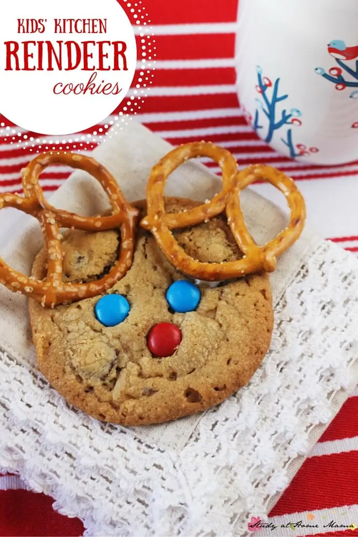 A fun Christmas cookies kids can make, these reindeer cookies made with pretzels and M&Ms are a fun Christmas snack recipe for the kids' kitchen.