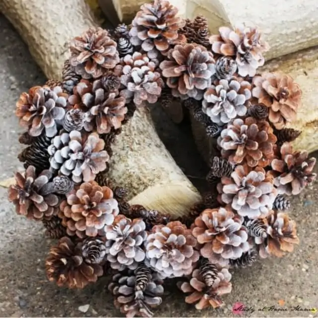 Easy kids craft idea - a winter pine cone wreath with a light spritz of "frost"