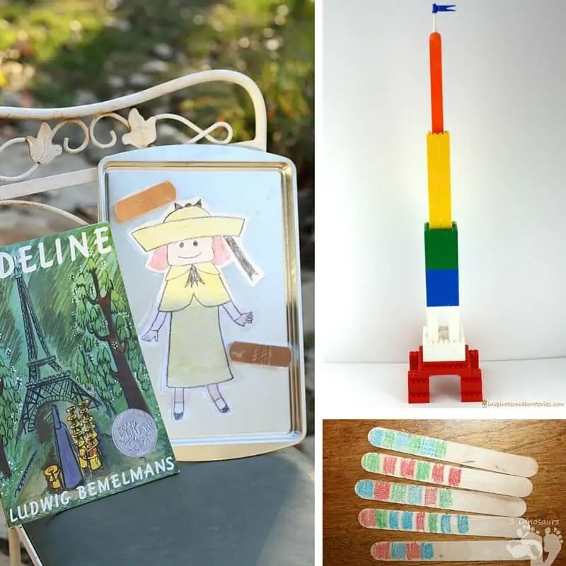 STEAM activities inspired by the classic children's book, Madeline. From L to R, identifying body parts, building the Eiffel Tower, and patterning with craft sticks
