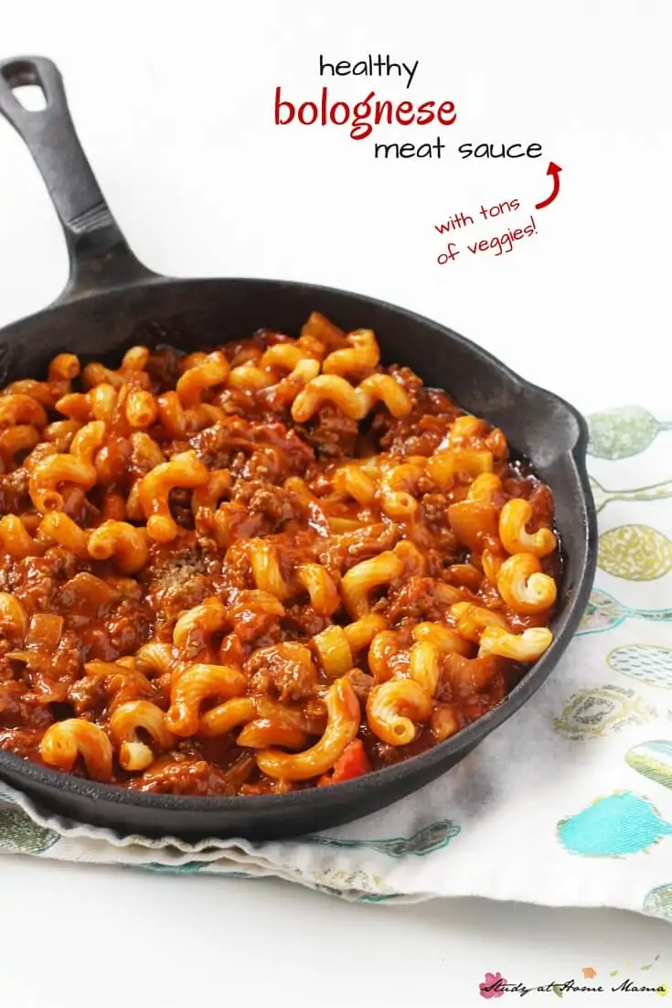 Healthy Pasta Sauce Recipe for Homemade Bolognese Meat Sauce, made with tons of veggies so while the kids are excited to be eating pasta, you can be happy that they're enjoying a full meal
