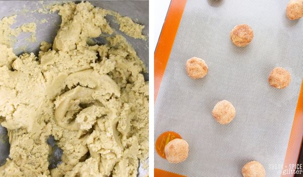 in-process image of how to make snickerdoodle cookies