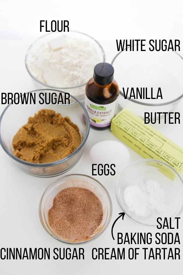 labeled picture of ingredients to make snickerdoodle cookies