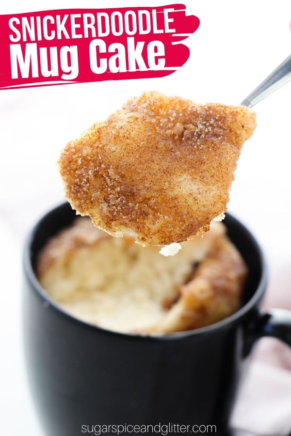 Make a fluffy snickerdoodle mug cake in just 3 minutes! The perfect single-serving dessert when you are craving something sweet, this fluffy, cinnamon-sugar mug cake tastes just like a snickerdoodle cookie!