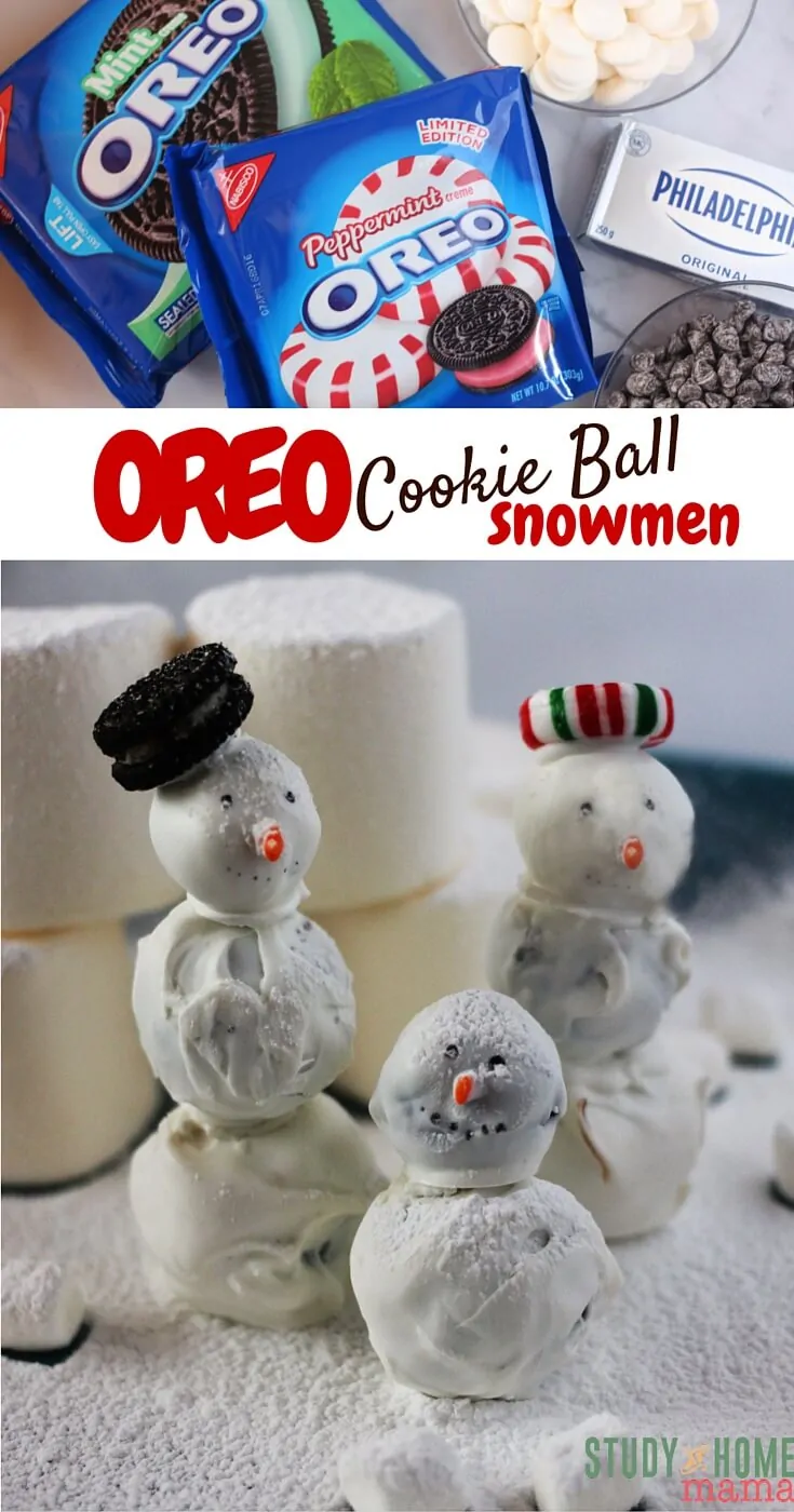 OREO Cookie Ball Snowmen - a fun twist on a classic Christmas cookie. Make a winter scene with the kids - a marshmallow igloo, a pretzel sled, the sky's the limit. Use flavoured OREOs for an extra holiday twist.