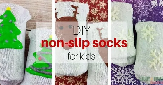 Make your very own non-slip socks with this easy tutorial for DIY Non-Slip Socks for Kids. Avoid the bumps and bruises that come with slippery floors and winter weather. Easy puffy paint designs and custom kids clothes on Study At Home Mama. 
