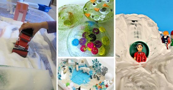 How fun are these winter sensory bins for kids? I love the edible snow and sledding bins!