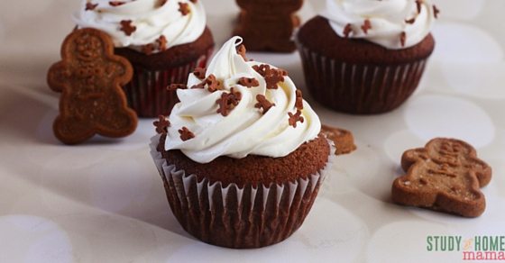 Gingerbread Cupcakes are perfect for the holiday season. Creamy frosting you'll be licking off the spatula! Bring Study At Home Mama cupcakes to your next holiday party without the kitchen fuss. 