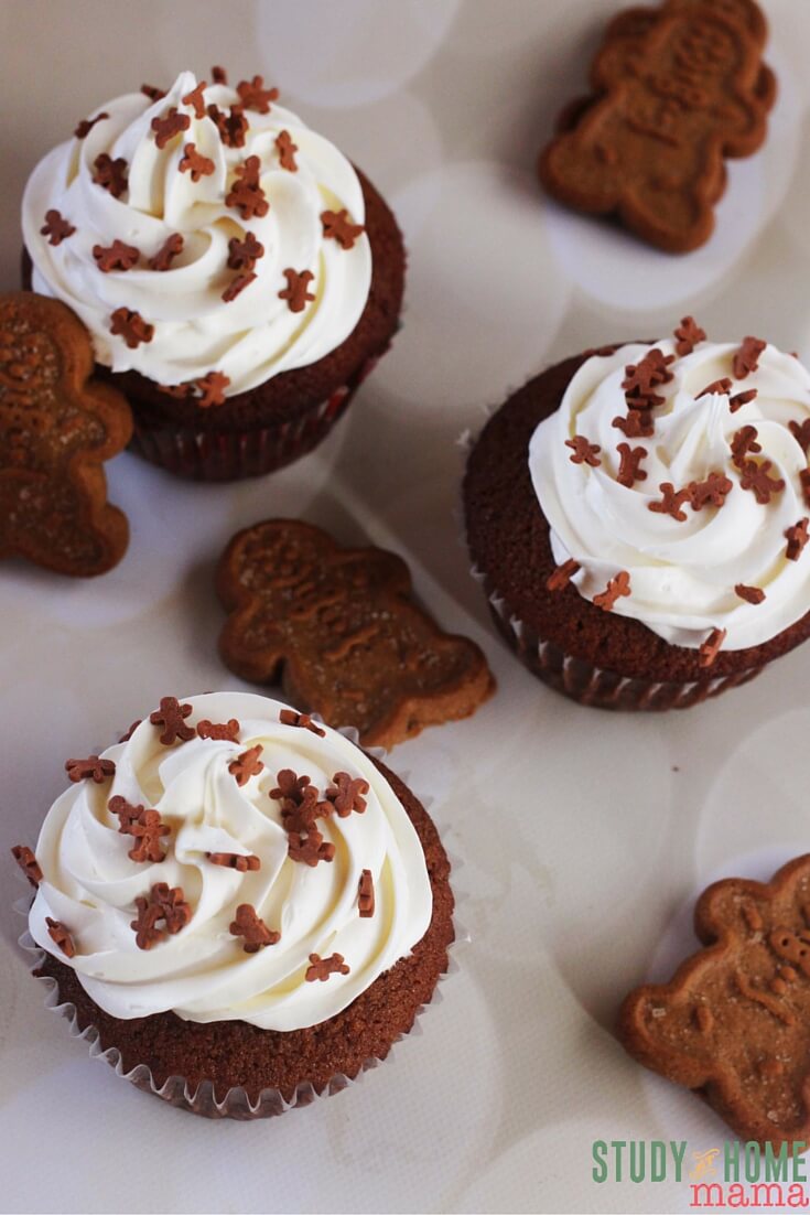 Fun and cute Gingerbread Cupcakes are great to bring to your kids' school parties!