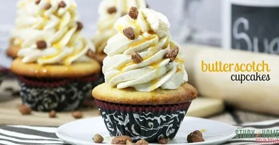 Moist cupcakes topped with lightly sweetened buttercream and drizzled with homemade butterscotch! These Butterscotch Cupcakes from Study At Home Mama are the perfect, single serving dessert for the next holiday party. Homemade cupcakes bring so much joy to your kitchen so enjoy cooking these scrumptious Butterscotch Cupcakes!