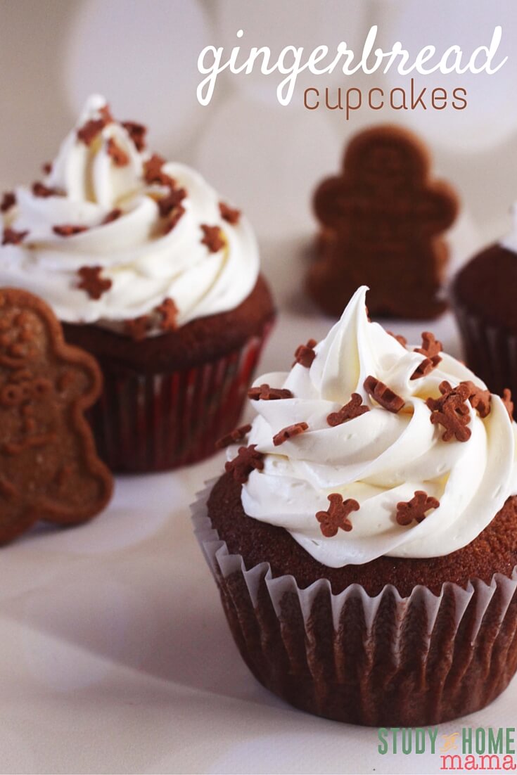 Gingerbread Cupcakes are perfect for the holiday season. Creamy frosting you'll be licking off the spatula! Bring Study At Home Mama cupcakes to your next holiday party without the kitchen fuss.
