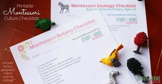 Printable Montessori Checklists for Botany, Geography, History, Science and Zoology. Plan your homeschool with these easy check lists.