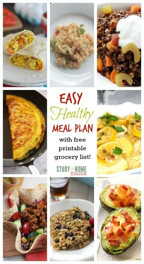 Easy Healthy Meal Plan - with free printable grocery list. All the planning is done for you with this easy meal plan, with delicious family-friendly meal ideas for breakfast, lunch, and supper.