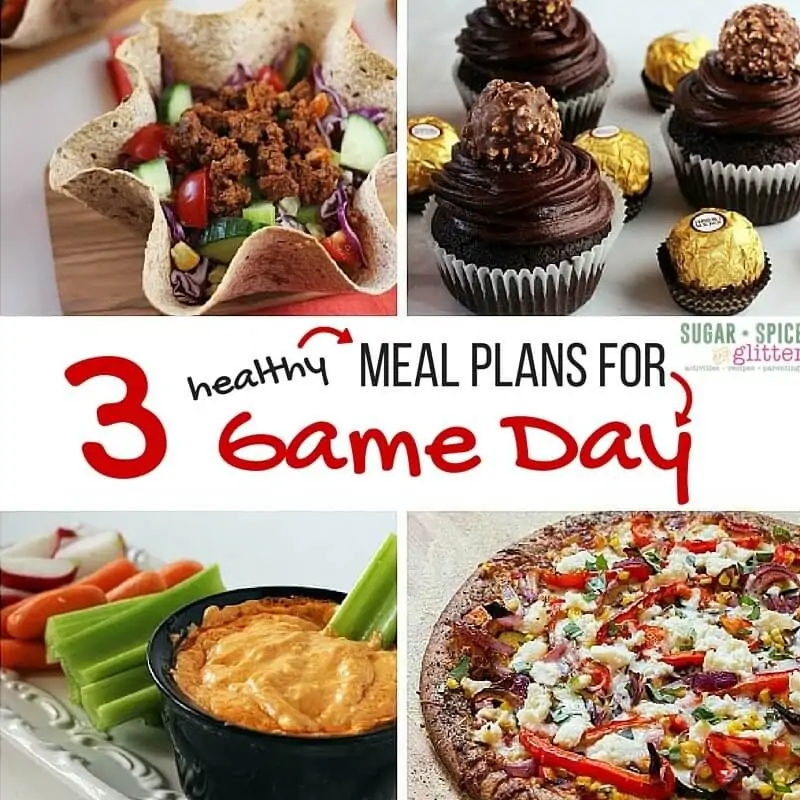 3 HEALTHY Game Day food meal plans. Keep a balanced day with healthy breakfast and lunch ideas then fun a bit of fun with these football party foods. Free meal plan printables and grocery shopping lists.