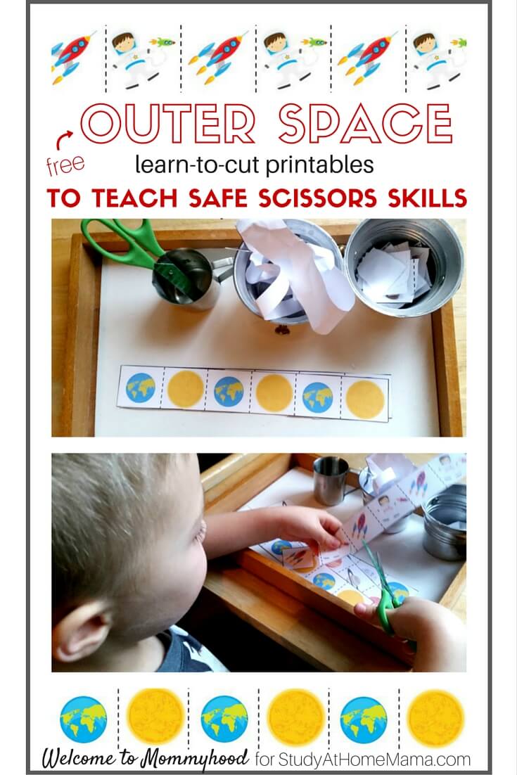 FREE Outer Space Learn to Cut Printables and tips on how to teach safe scissors skills. These Cutting Worksheets come with a complete step-by-step breakdown of the stages of learning how to cut - from snipping to following complex patterns and lines