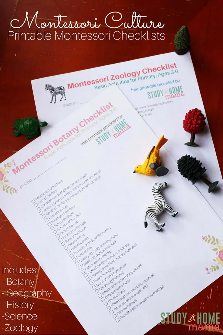 Printable Montessori Checklists for Botany, Geography, History, Science and Zoology. Plan your homeschool with these easy check lists.