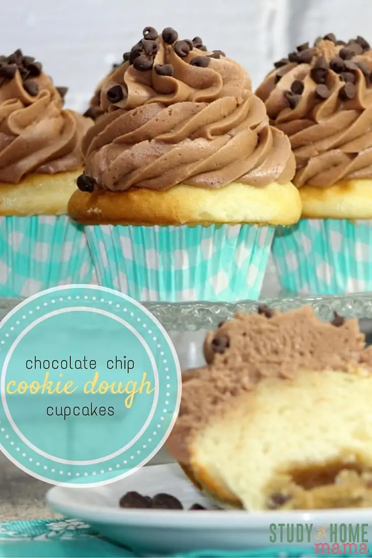 Chocolate Chip Cookie Dough Cupcakes use simple ingredients and have a quick bake time. You'll have not excuses to bring an easy dessert to the next meeting. Or make a dozen for easy cupcakes at home! Find more yummy cupcake ideas on Study At Home Mama.