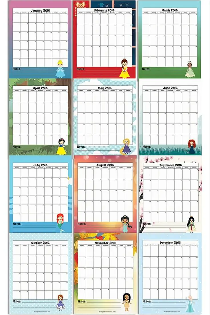 Preview of the free printable Disney Princess calendar 
