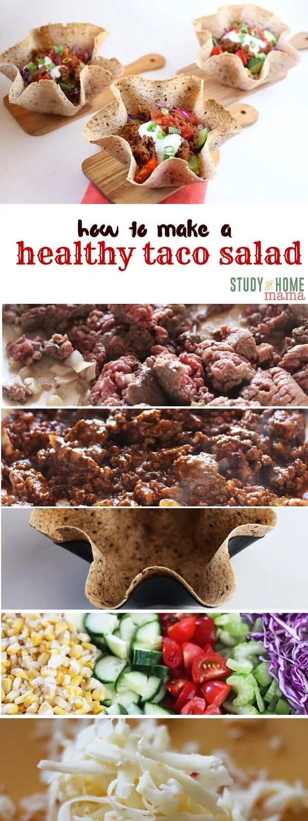 How to Make a Healthy Taco Salad - tips like how to season beef perfectly without salt, and healthy swaps like making your own crunchy taco bowl in less than 10 minutes. This healthy taco salad is a healthy meal idea that you can feel great about feeding to your family
