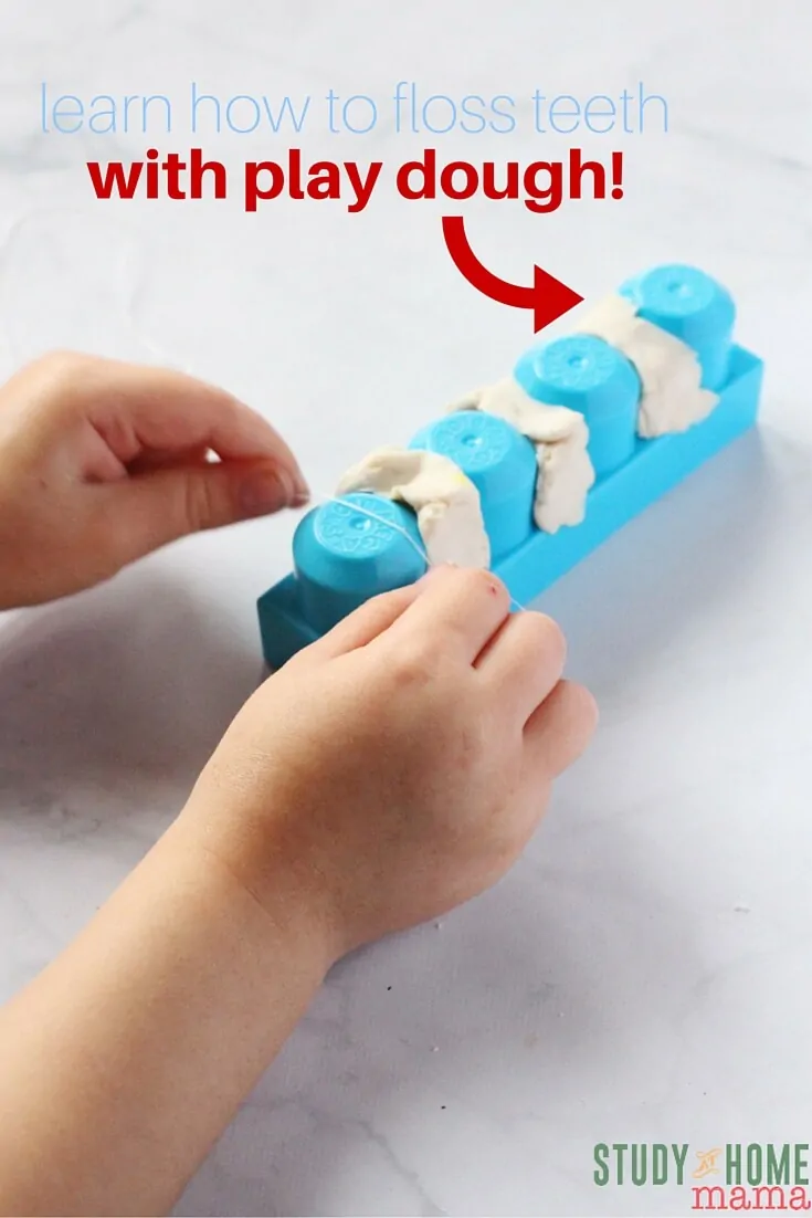 Learn how to floss teeth with play dough and Duplo/Megablocks! This is a great fine motor activity for kids and a great one for learning about dental hygiene. A tooth activity perfect for dental health month!