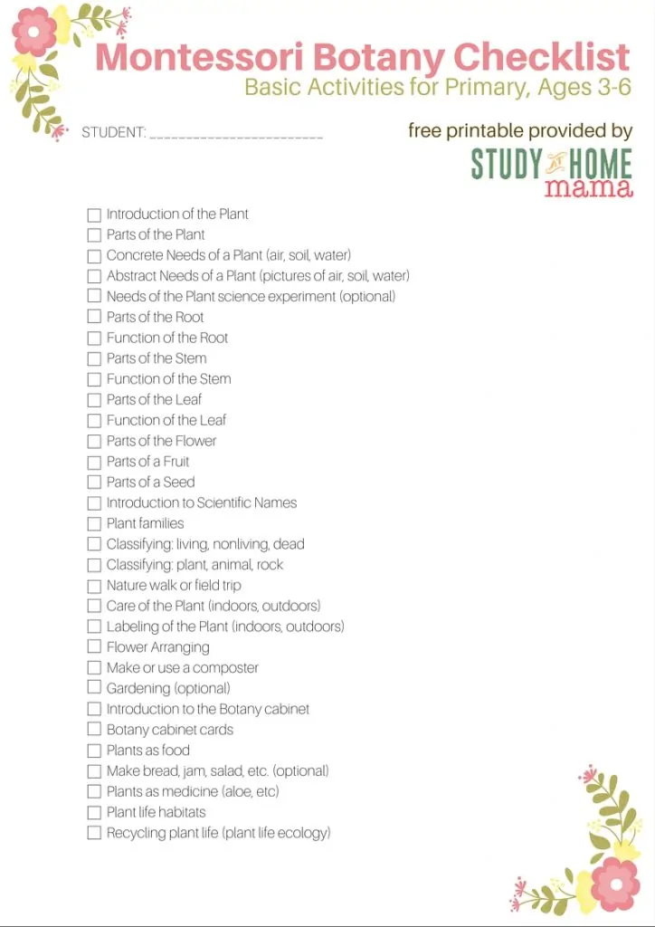 Montessori Botany Checklist for Primary Montessori Homeschool
