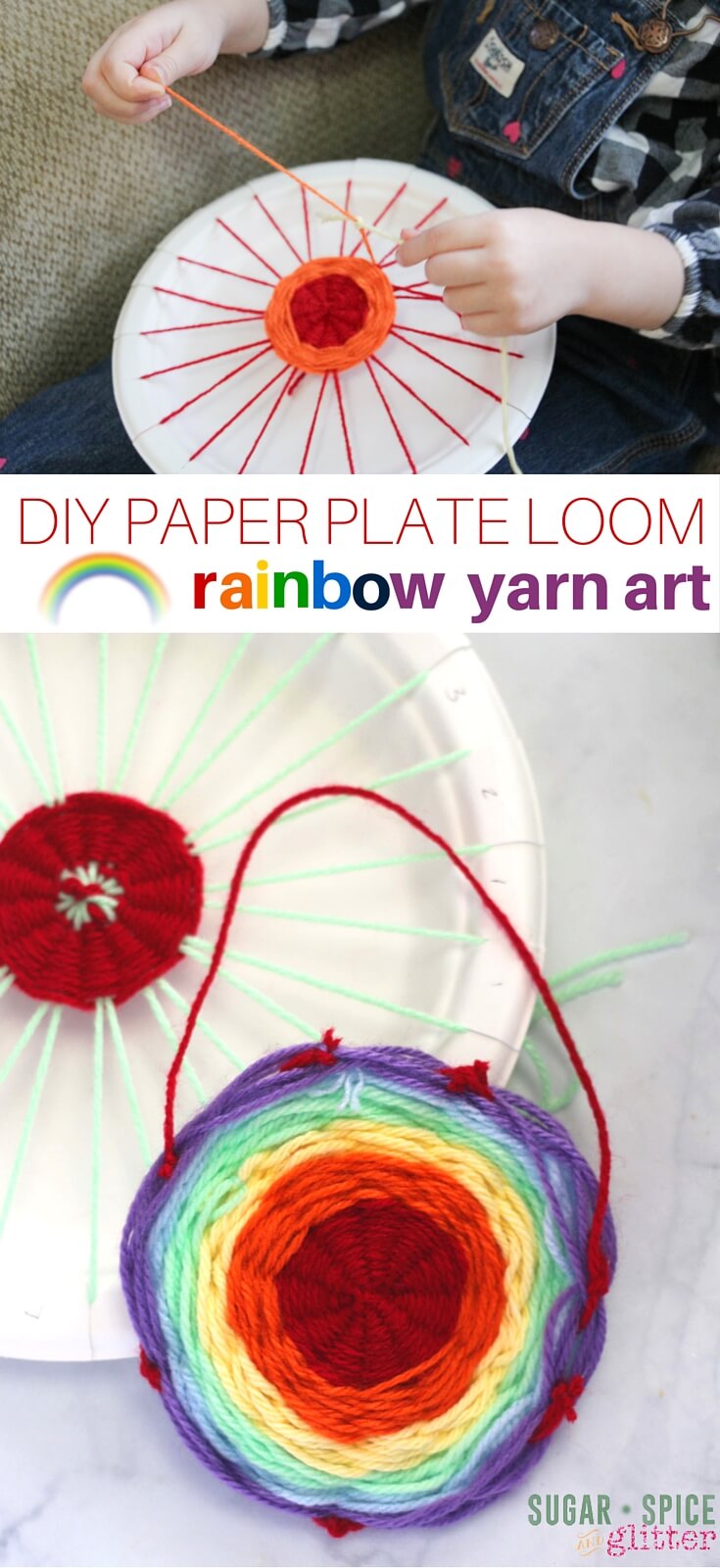 Learn how to make a paper plate loom for this rainbow yarn art project! This DIY loom is perfect for young kids as soon a they know how to tie a knot - a gorgeous rainbow craft idea for kids!