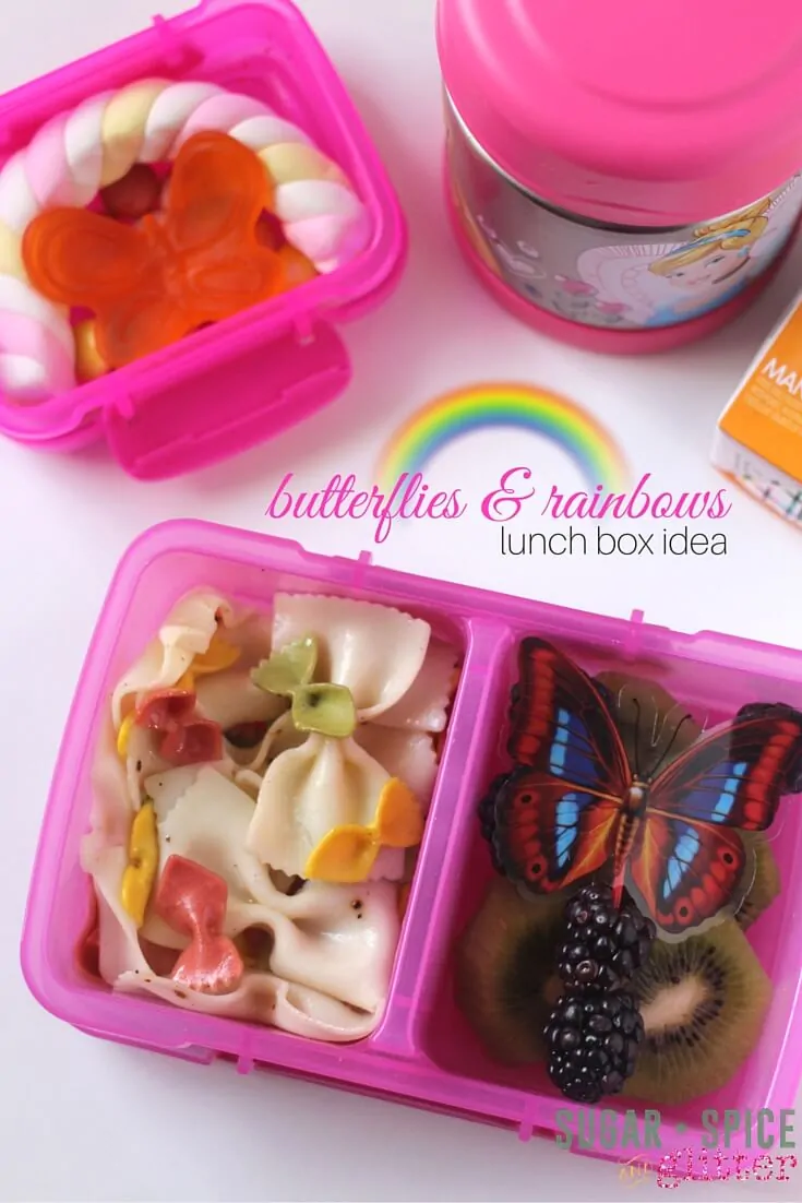 An easy butterflies & rainbows lunch box idea made by kids! This mostly healthy lunch box idea has a fun theme girls will love!