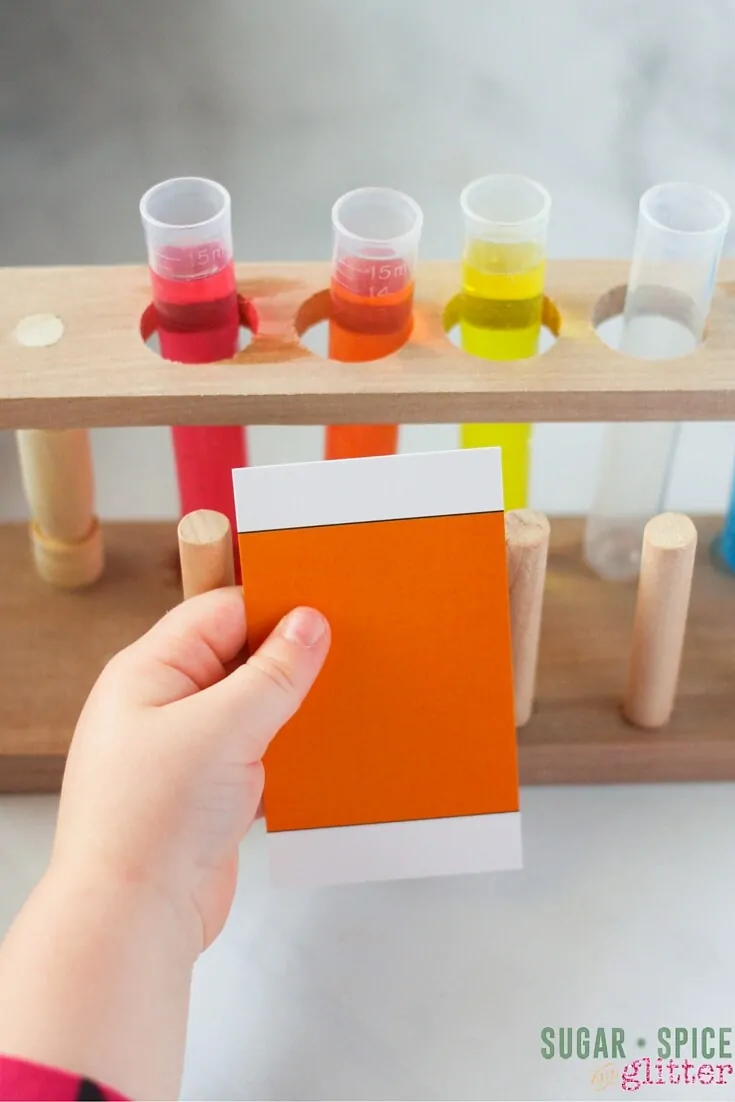 Using color swatches to help gauge color results in this easy color mixing science experiment for kids