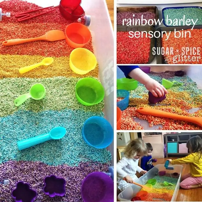 Rainbow Barley Sensory Bin - how to dye barley for sensory play, a perfect St Patrick's day sensory activity for kids