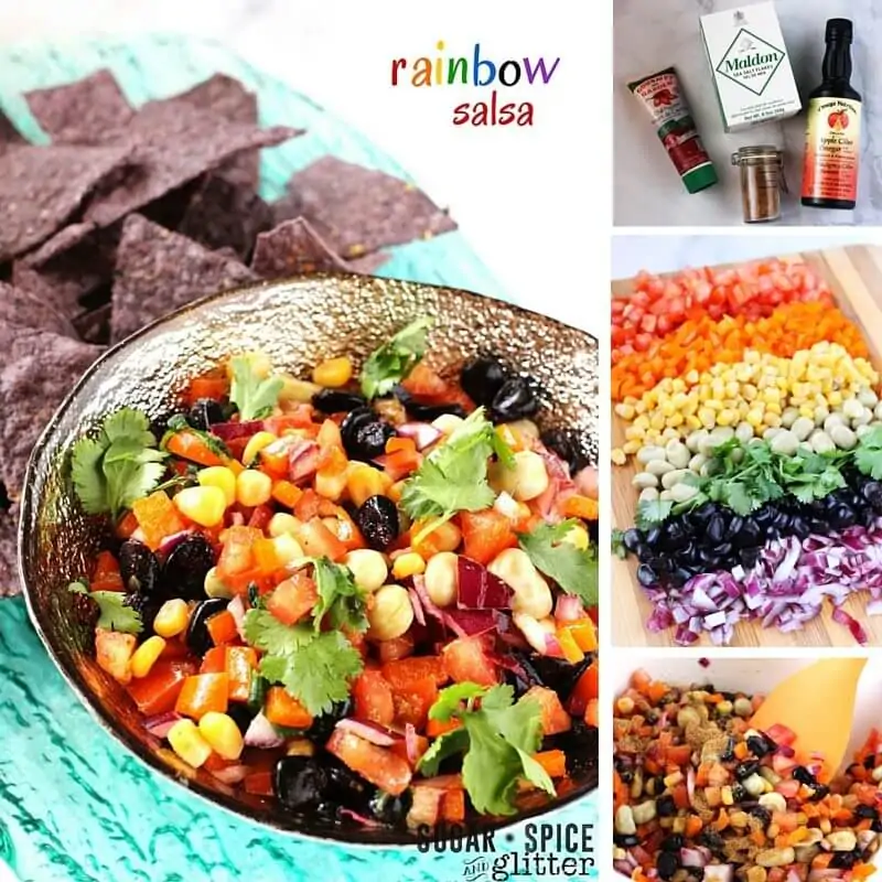 How to make a fresh rainbow salsa the whole family will love! An easy healthy recipe for St Patricks Day, Cinco de Mayo, or anytime rainbows or salsa are in season