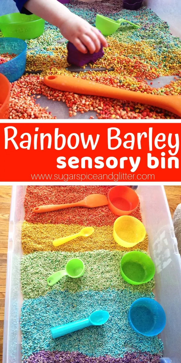 A silky and gorgeous Rainbow Sensory Bin for kids, this rainbow barley bin is perfect for mixed age groups. Add rainbow-coloured kitchen tools to encourage pretend play and fine motor skill building
