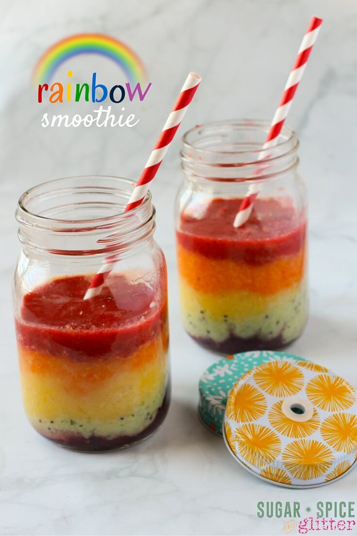 An easy healthy rainbow recipe - this rainbow smoothie is the perfect breakfast idea for kids! Teach them the importance of eating a "rainbow of fruits & vegetables" in a delicious morning treat. This rainbow smoothie is perfect anytime but would make a healthy St Patrick's day snack, too!