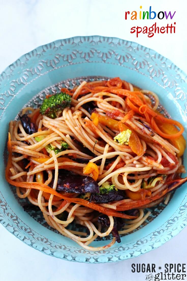 A healthy rainbow recipe for kids - this Rainbow Spaghetti encourages children to eat a rainbow of vegetables! Try introducing it after reading a rainbow-inspired book or as a special St. Patrick's Day recipe