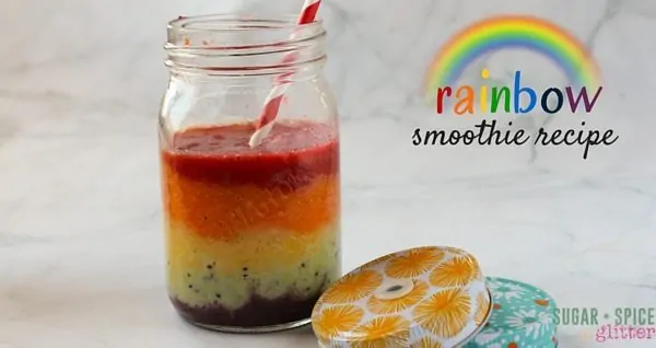 An easy healthy rainbow recipe - this rainbow smoothie is the perfect breakfast idea for kids! Teach them the importance of eating a "rainbow of fruits & vegetables" in a delicious morning treat. This rainbow smoothie is perfect anytime but would make a healthy St Patrick's day snack, too!