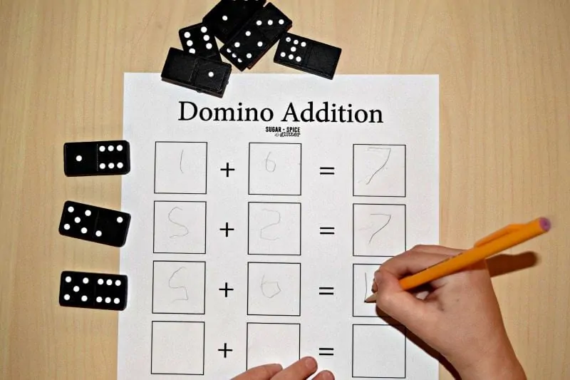 Use dominos for simple addition equations to boost children's math skills and for handwriting practice.