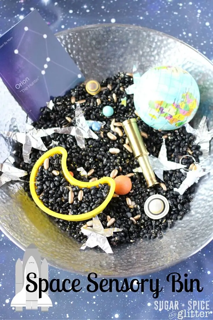 A fun & easy to set up Space Sensory Bin for your little astronaut. Hands-on learning about space along with some great sensory play suited for a variety of ages