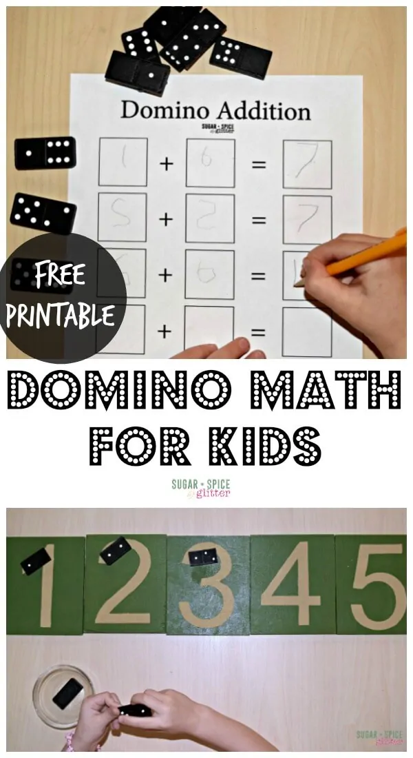Simple addition and number recognition work for kids with classic games. Classic toys make the best math manipulatives with vintage colors and timeless colors. Use the Domino Addition free printable for an easy math lesson for your kindergartener!