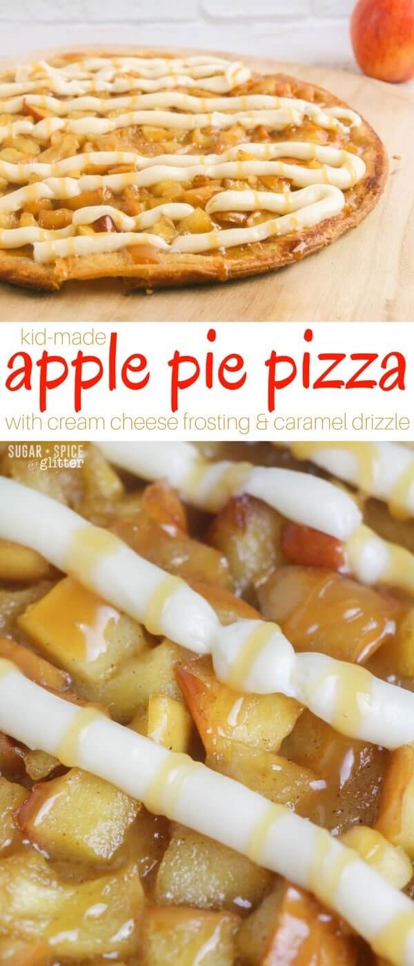 A delicious fall dessert that kids can help make, this apple pie pizza with cream cheese frosting and caramel drizzle is decadent yet easy. If you've been wanting to try a dessert pizza, this is a great first recipe to try because it is so forgiving
